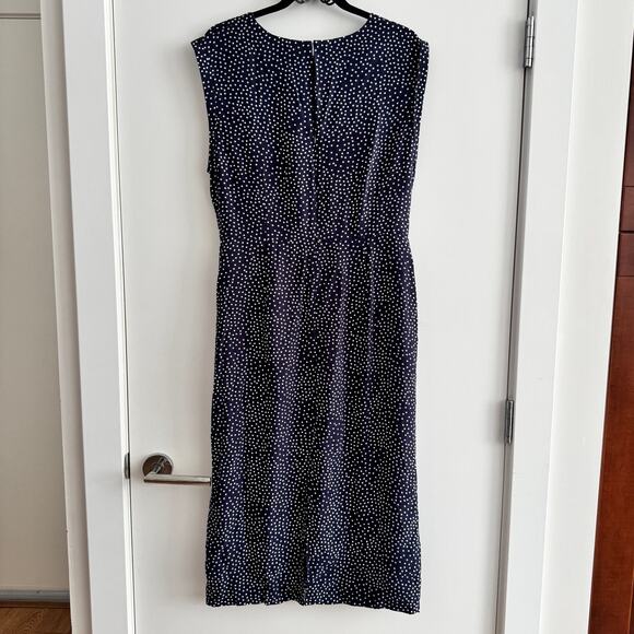 Boden Camille Polka Dot Midi Dress Navy Blue Tie Waist Slit Back Zip Sz 12 - Picture 13 of 14